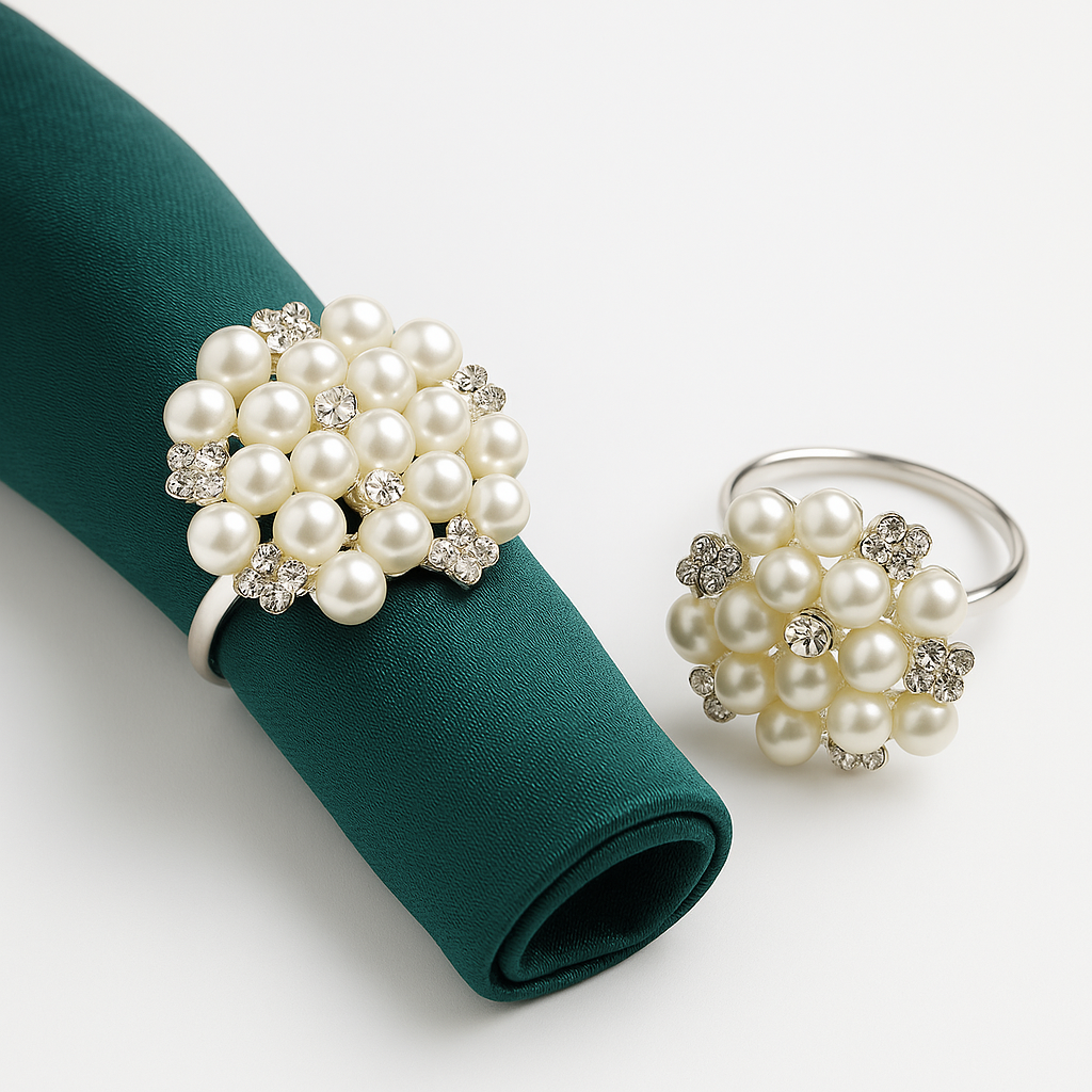 Essence Set – Gold Rhinestone & Pearl Napkin Rings