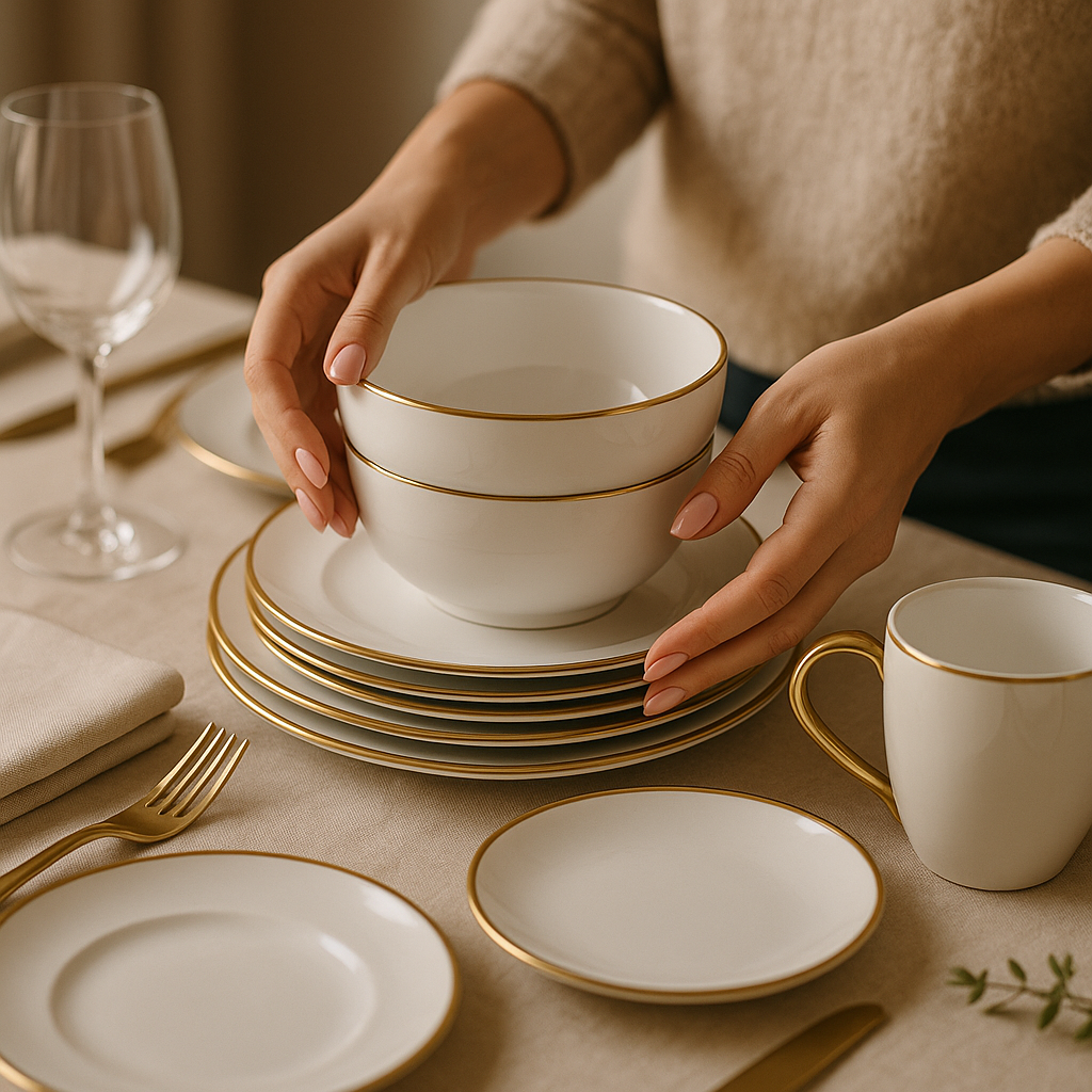 Aveline Dinnerware Set – Ivory Porcelain with Gold Finish