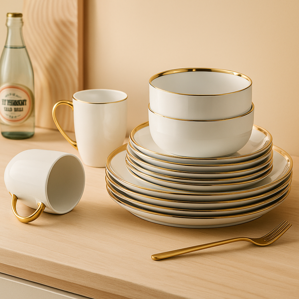 Aveline Dinnerware Set – Ivory Porcelain with Gold Finish