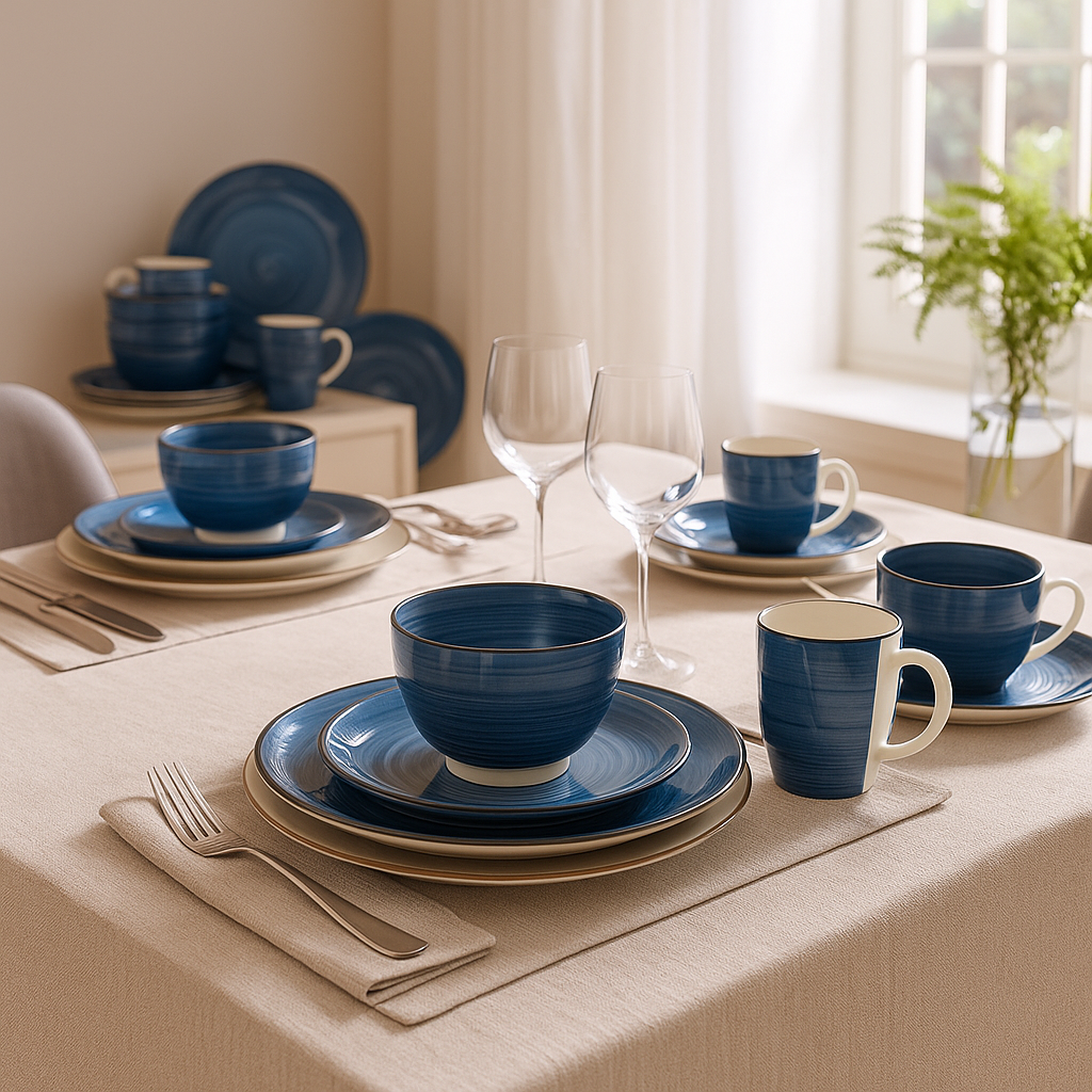 Azure Gaze Dinnerware Set – Ivory Porcelain & Vintage Blue