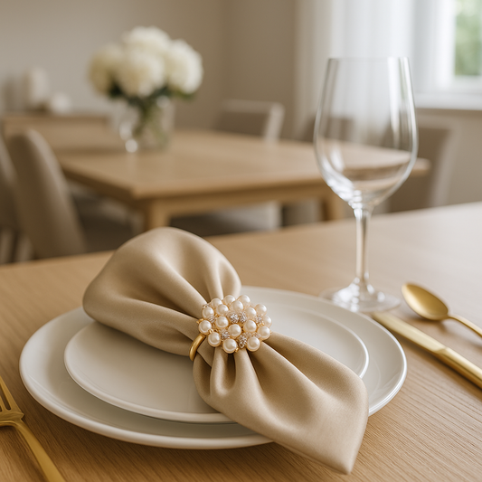Essence Set – Gold Rhinestone & Pearl Napkin Rings