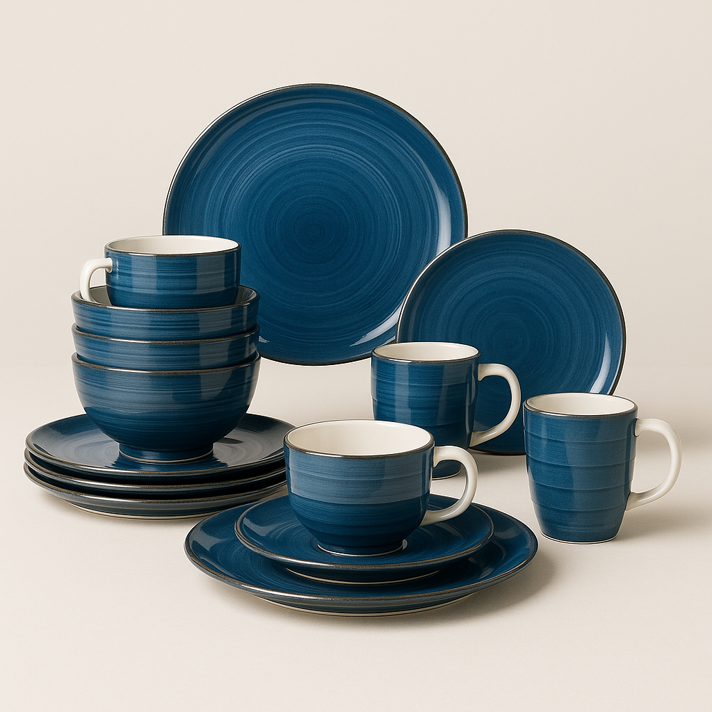 Azure Gaze Dinnerware Set – Ivory Porcelain & Vintage Blue