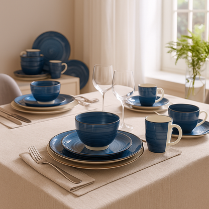 Azure Gaze Dinnerware Set – Ivory Porcelain & Vintage Blue